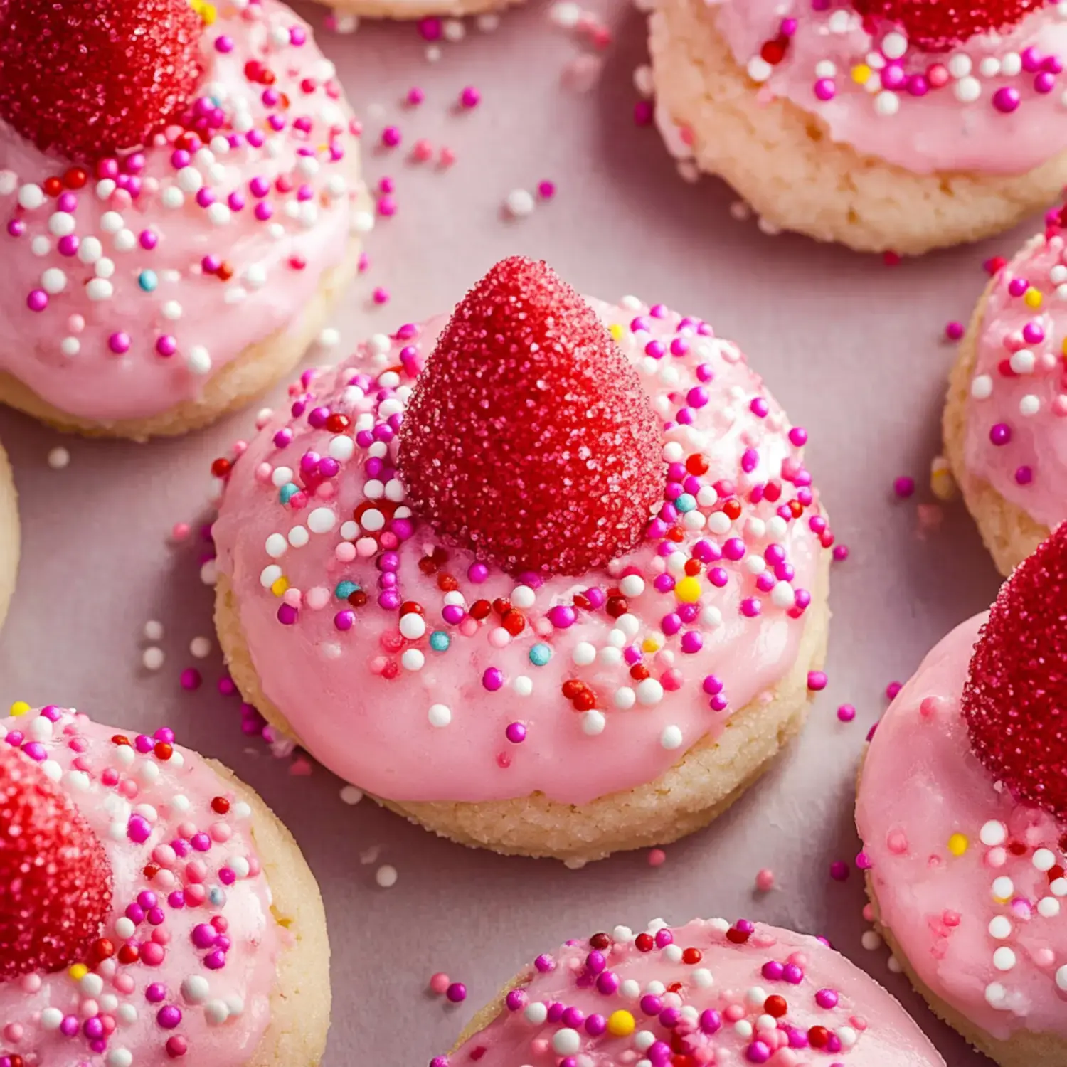 Close view of pink cookies with sprinkles, shaped like donuts, and topped with red candy pieces.