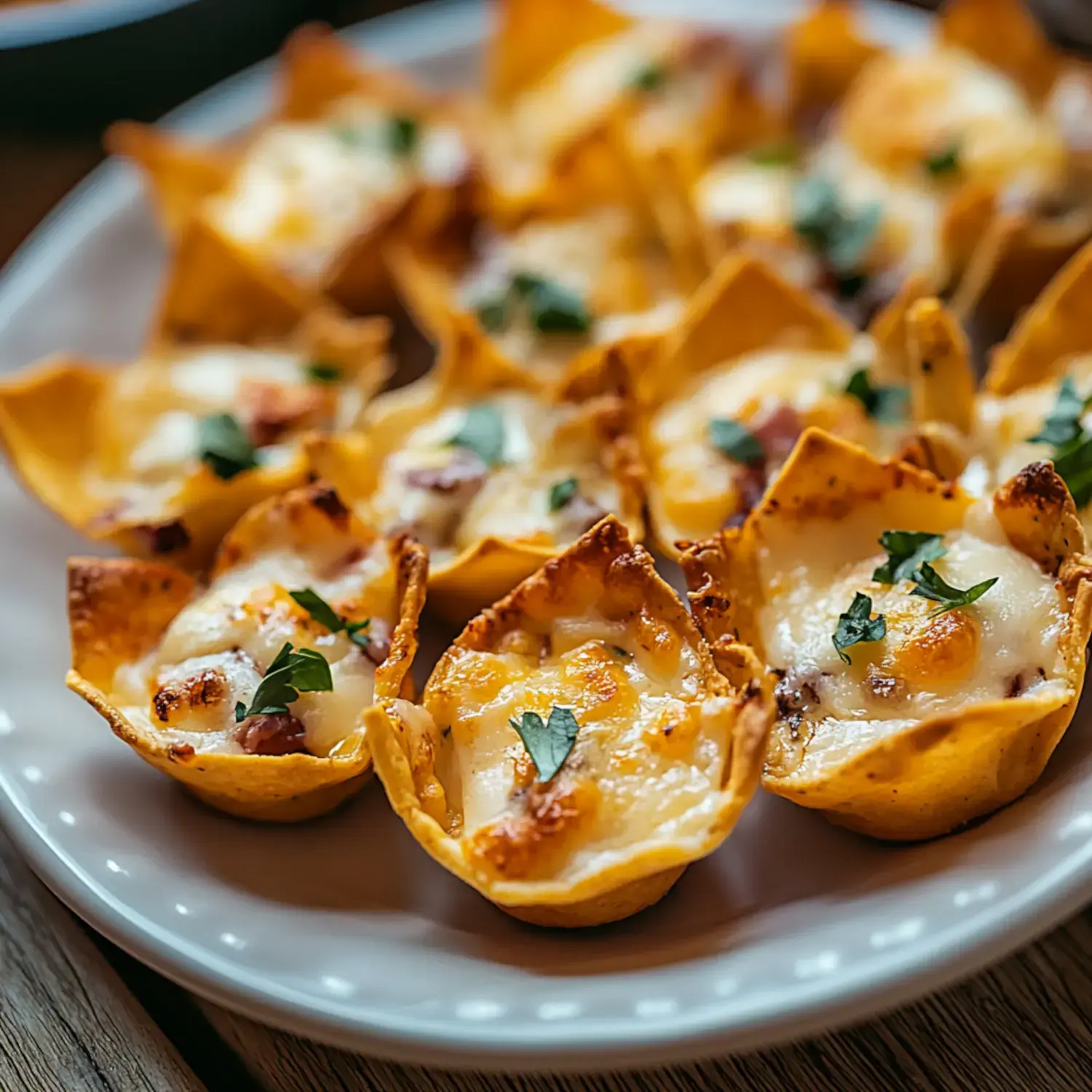Tortilla shells with gooey cheese and sprinkled toppings on a plate.