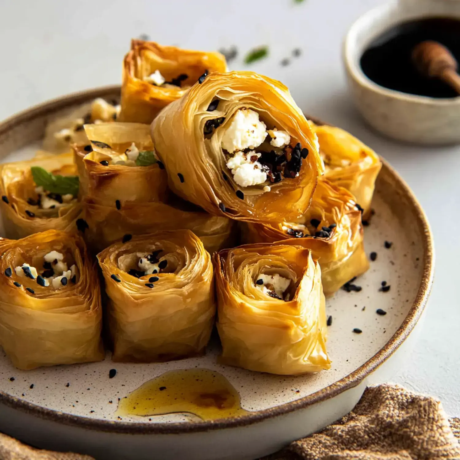A dish of crispy phyllo rolls stuffed with cheese, sprinkled with black sesame seeds, and drizzled with oil.