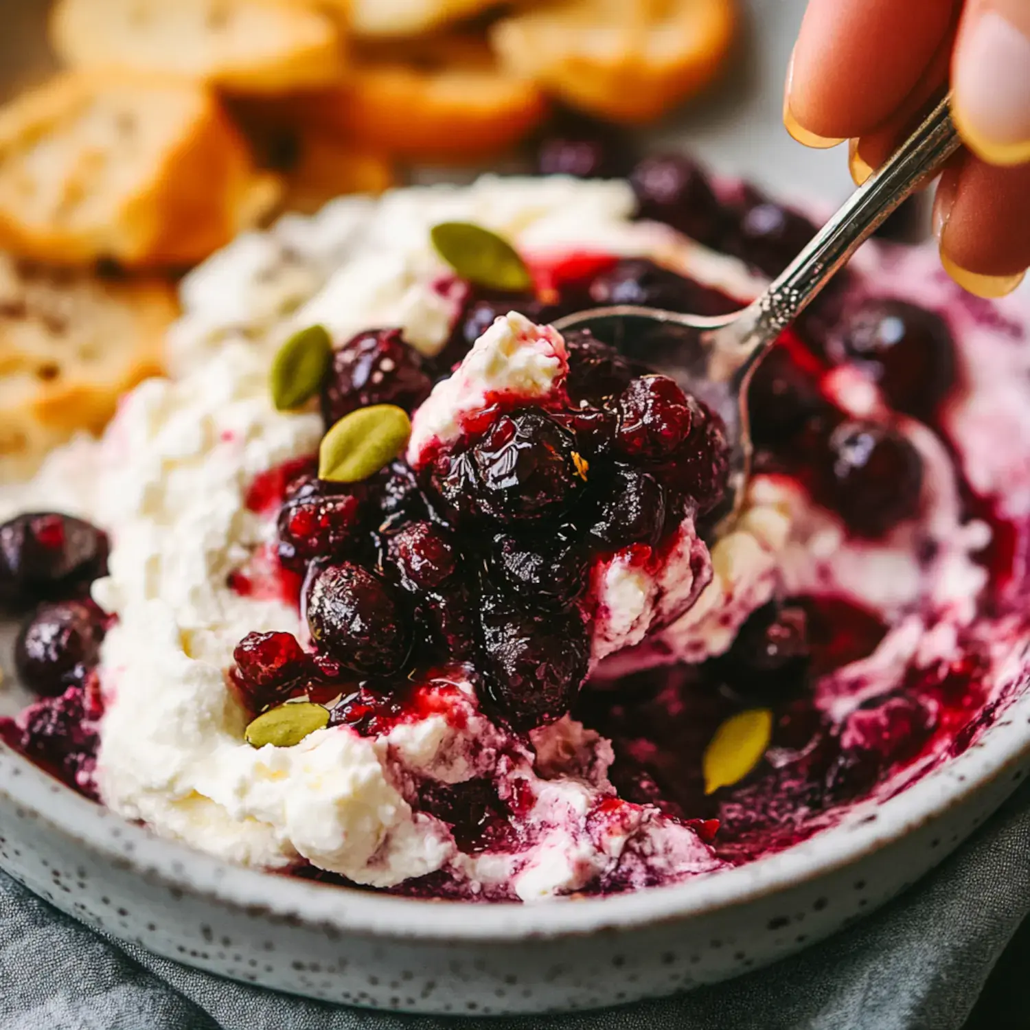 Close-up of a creamy cheese dip with cranberry topping and seeds, served with bread slices nearby.