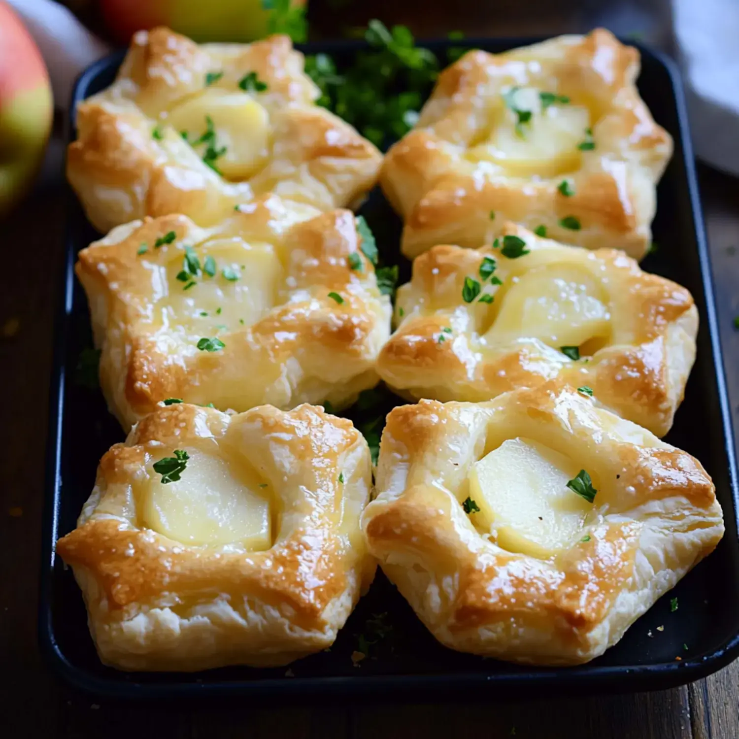 Six golden-brown puff pastries topped with herbs, displayed on a baking tray.