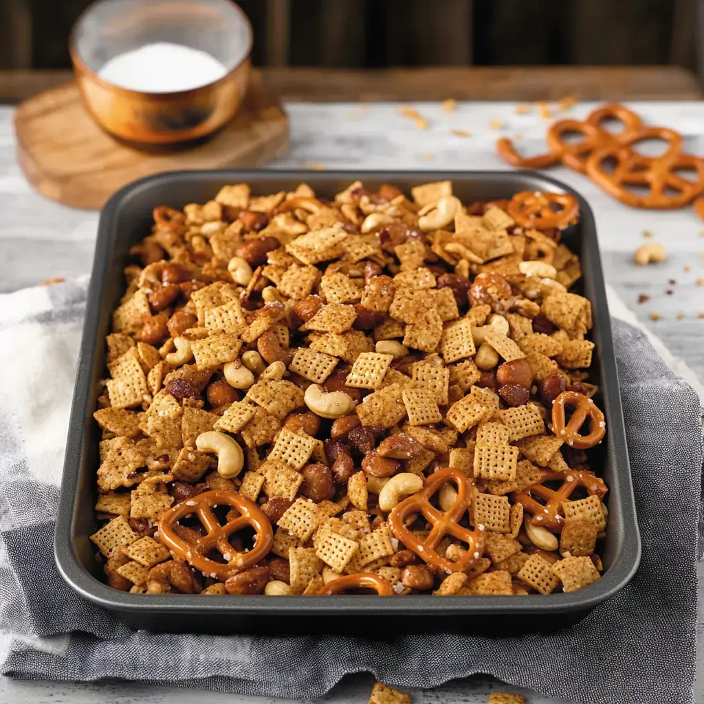 A baking tray holding crunchy cereal, nuts, and pretzels, with some salt visible in the background for flavor.