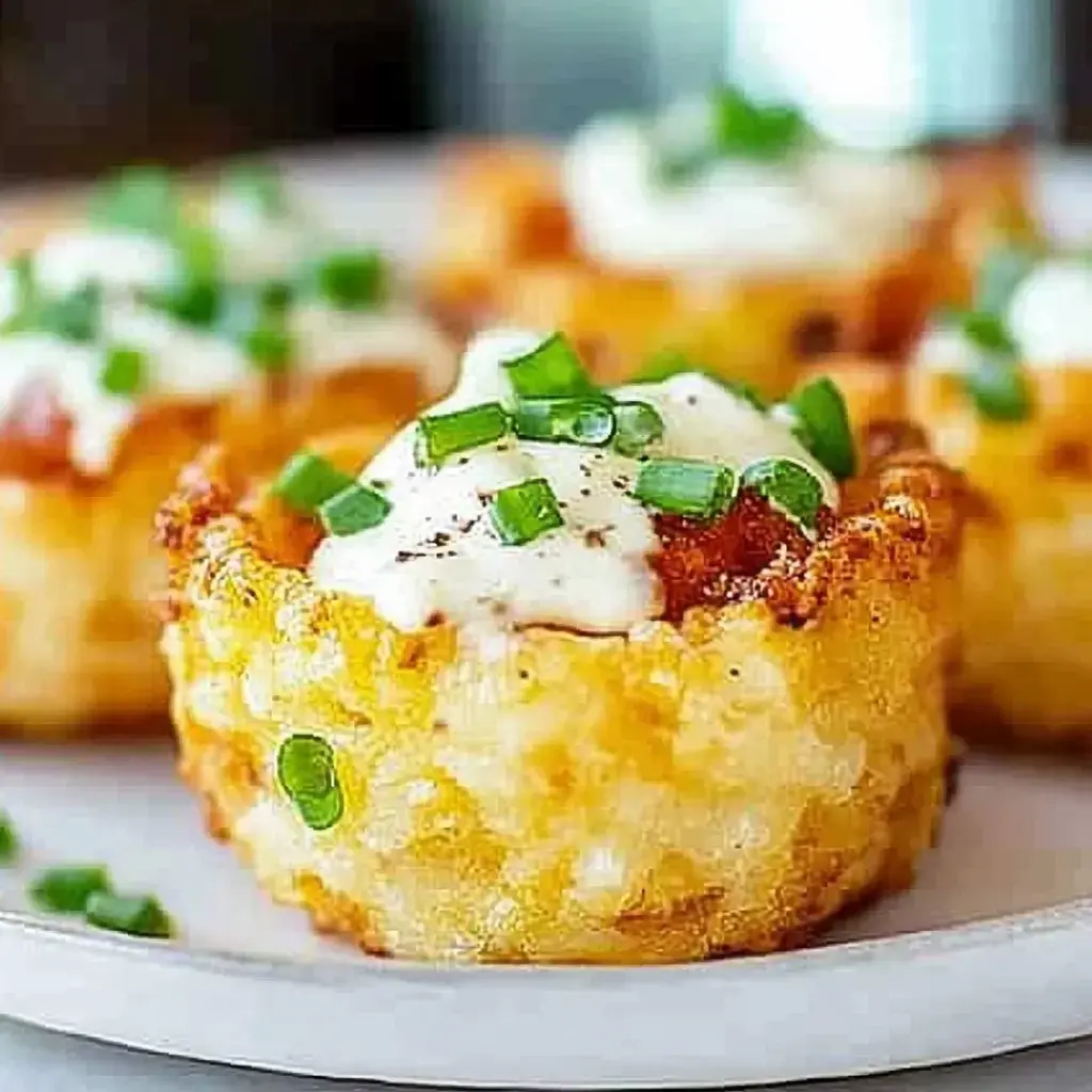 Close-up view of golden, crispy potato bowls topped with creamy drizzle and fresh green onions.