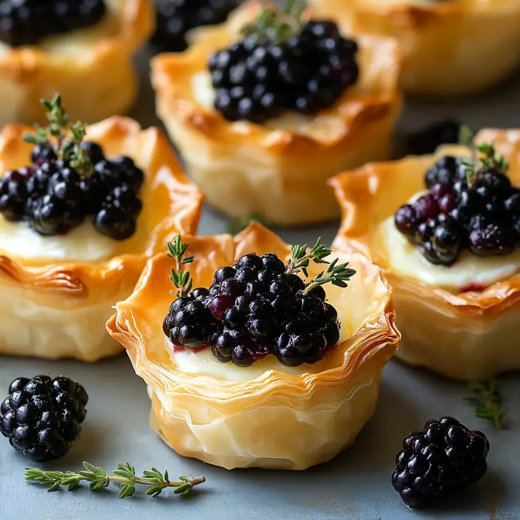 Close-up of flaky pastry cups stuffed with creamy cheese, blackberries, and thyme sprigs.