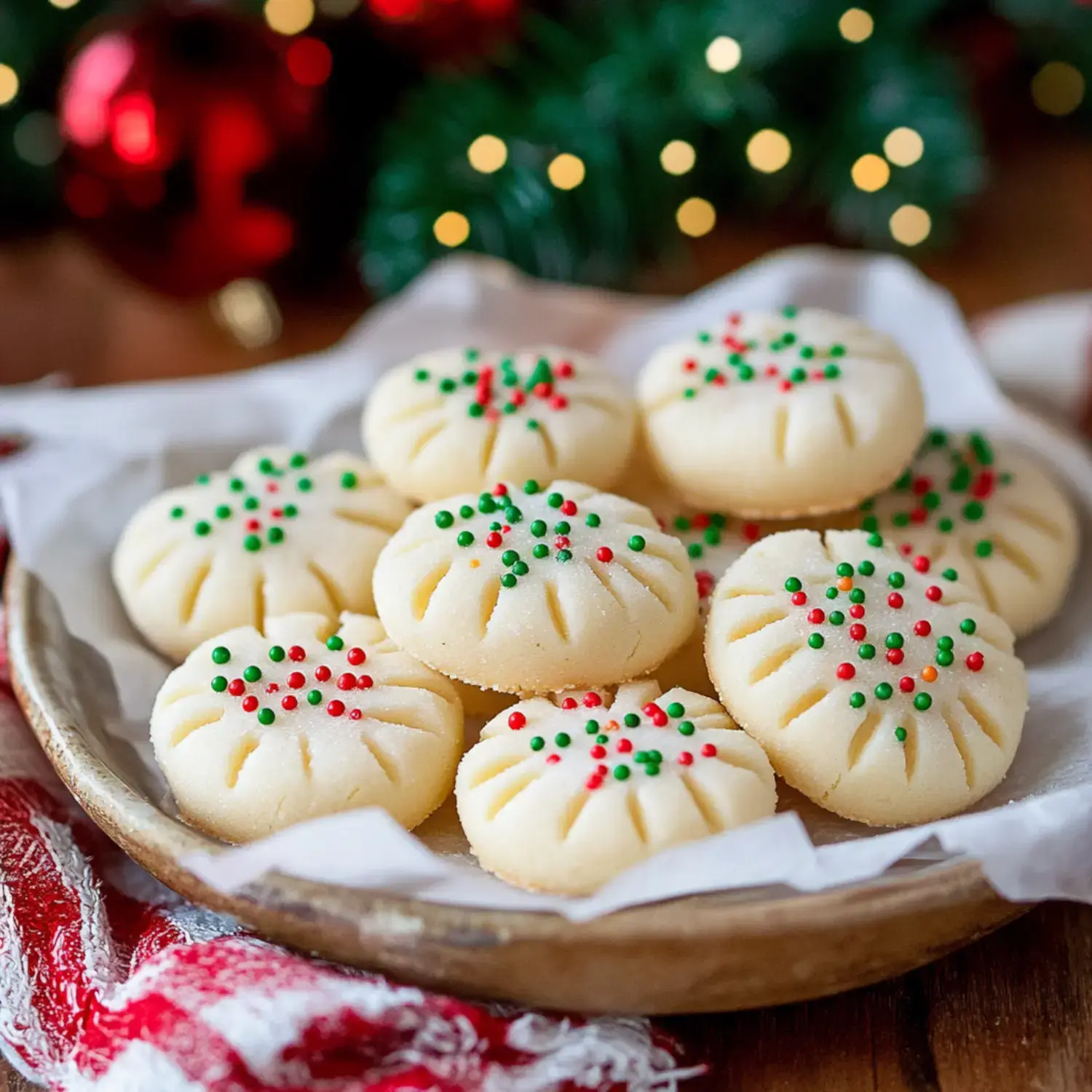 A batch of butter cookies topped with colorful holiday sprinkles, sitting on a festive background.