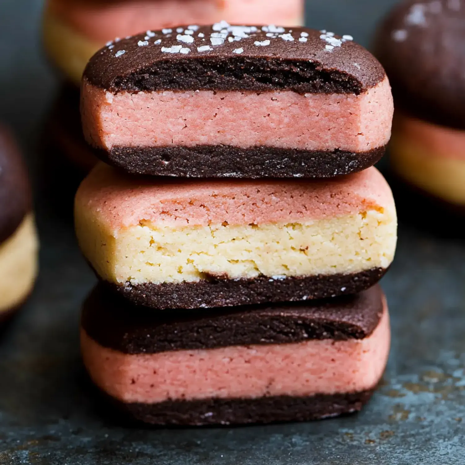 Three-toned cookies stacked in pink, yellow, and brown layers, sprinkled with salt.