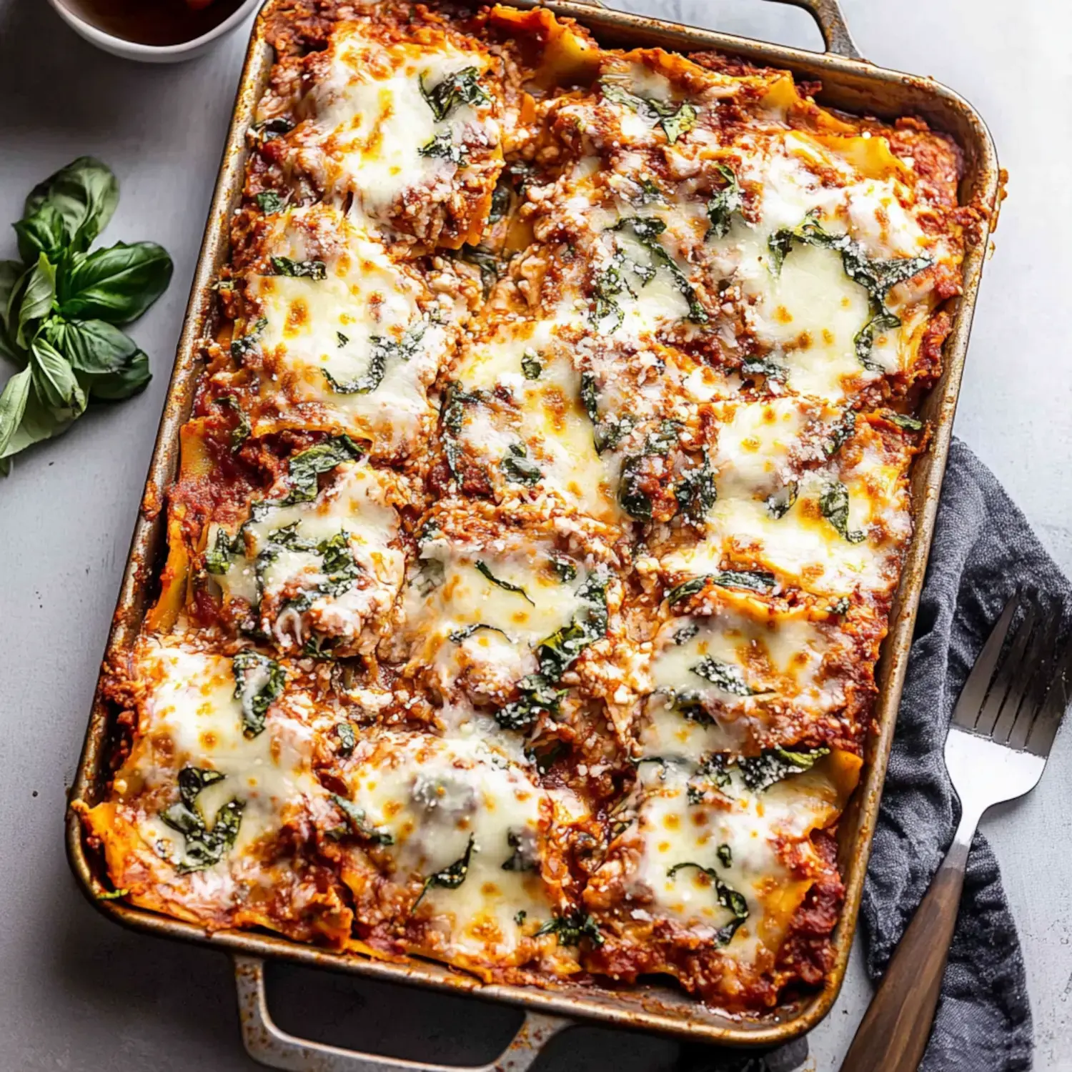 A golden-brown lasagna baked with cheese, spinach, and rich meat sauce, served with basil and utensils nearby.