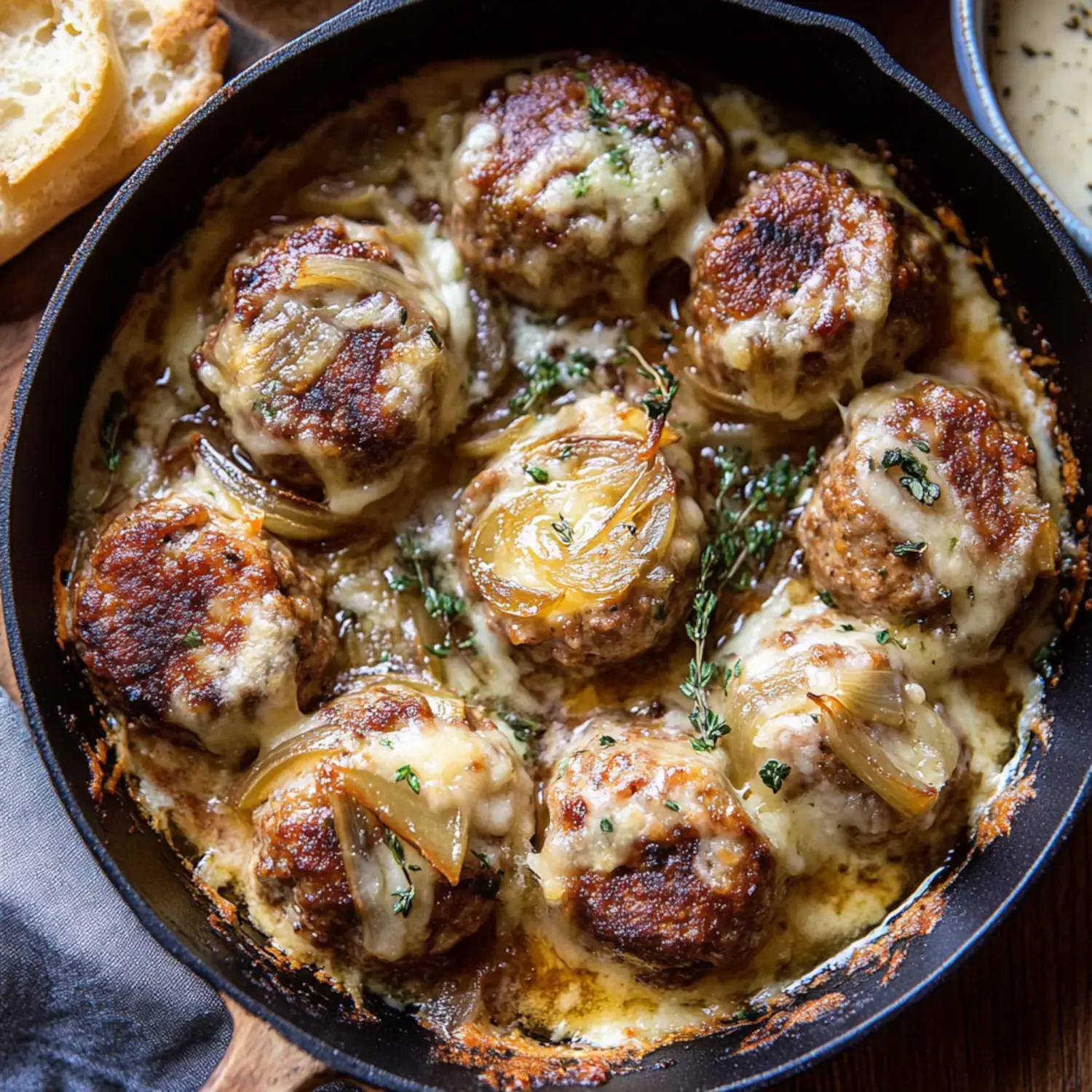 A skillet packed with cheesy meatballs, caramelized onions, and fresh herbs on top.