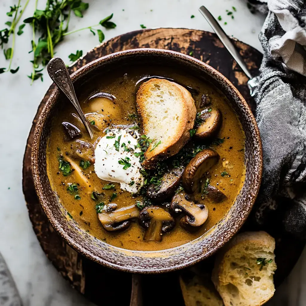 A creamy mushroom soup bowl with a dollop of sour cream, greens, and bread slices on a wooden board.