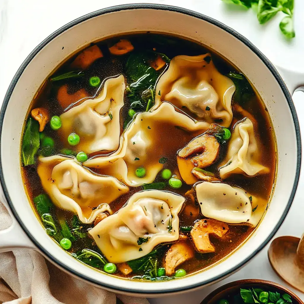 A soup bowl filled with dumplings, mushrooms, fresh greens, and peas floating in rich broth.