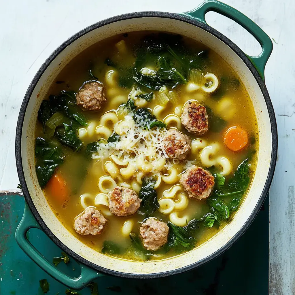 Soup loaded with carrots, spinach, pasta, and meatballs, garnished with cheese shavings.
