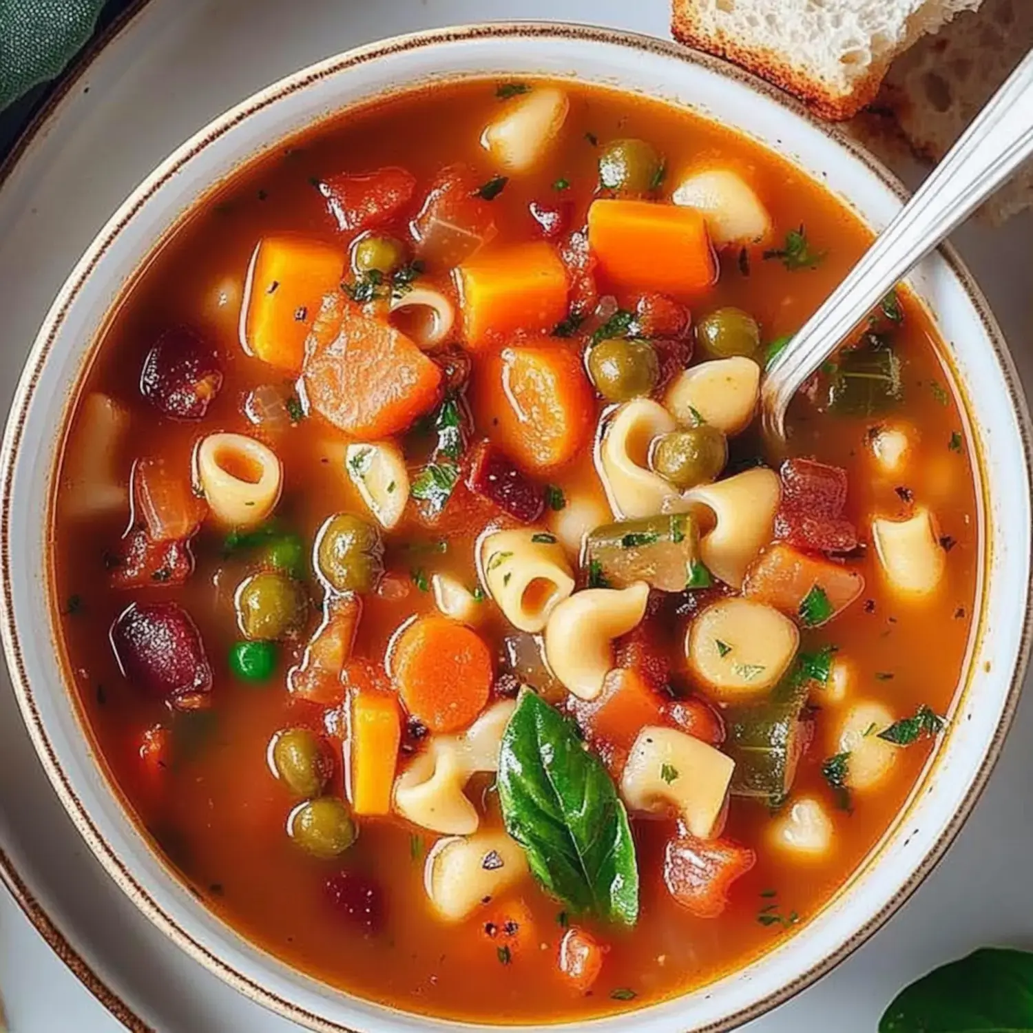 A cozy bowl of soup with fresh veggies, pasta, and herbs alongside crunchy bread.