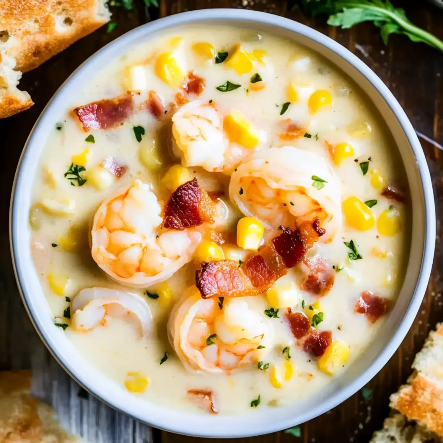 A creamy bowl of shrimp and corn chowder with bacon and parsley alongside crusty bread.
