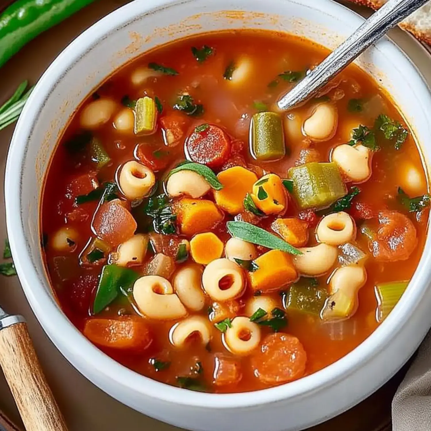 A steaming bowl of chunky veggie soup with tiny pasta, showcasing vibrant ingredients including tomatoes, carrots, and fresh herbs.
