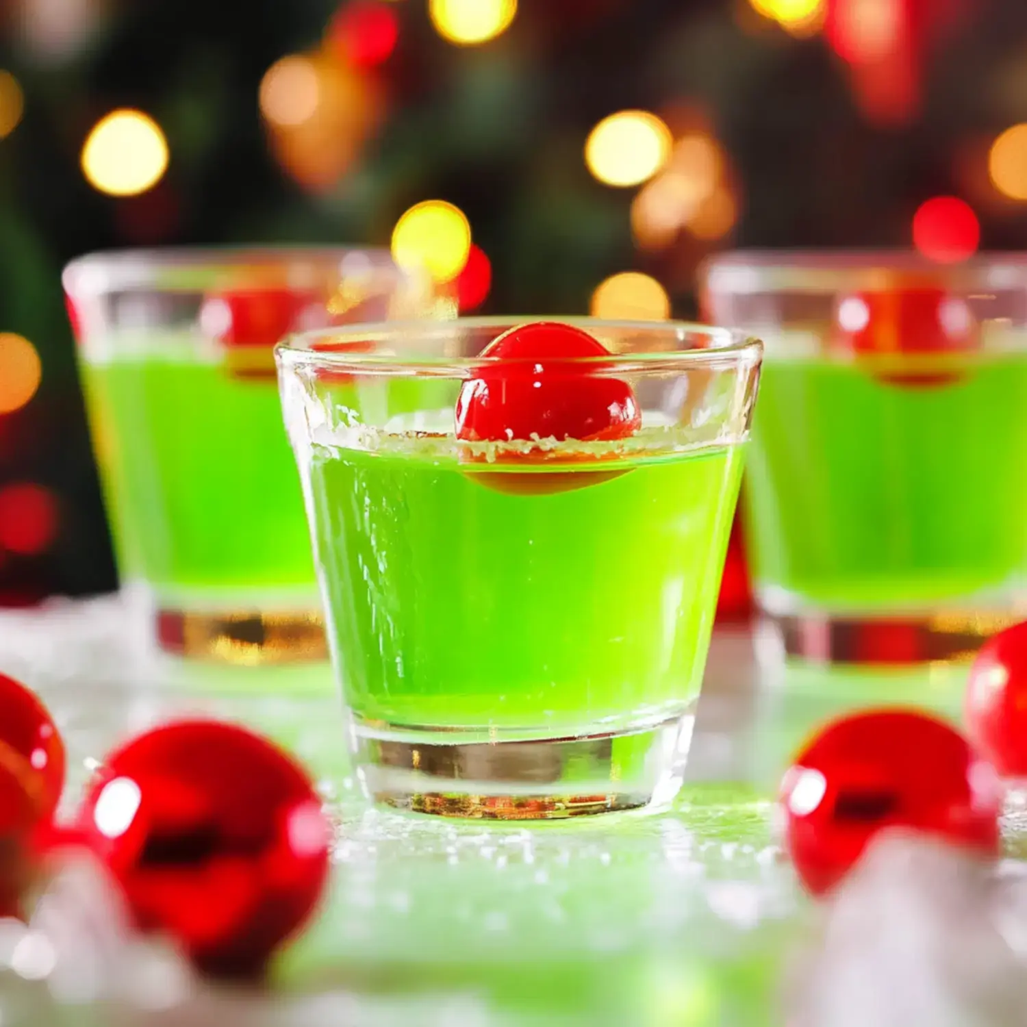 Three glasses filled with bright green drinks, each with a red cherry inside, sit on a festive surface with blurred colorful lights in the background.