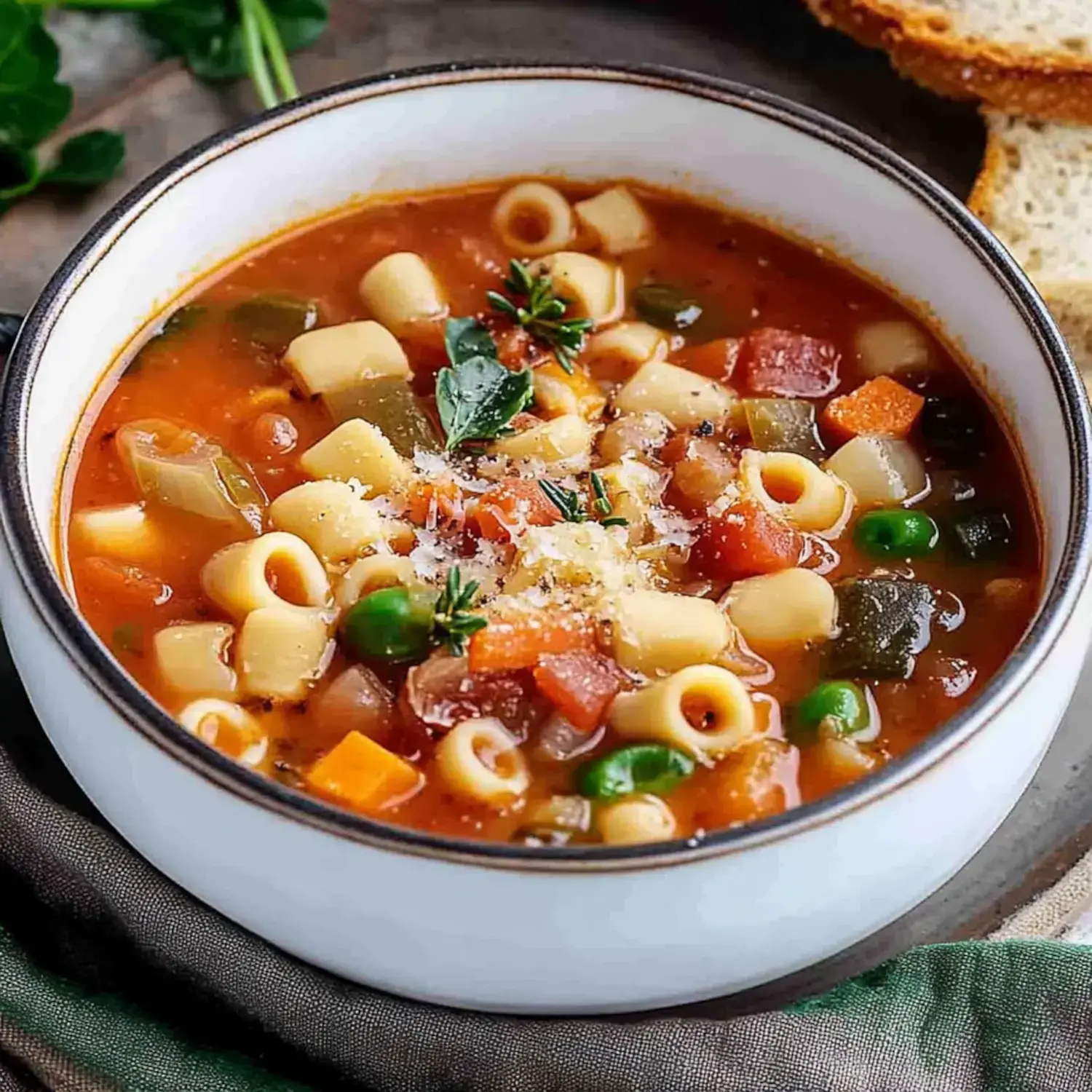 A hearty bowl of chunky veggie soup with tiny pasta shapes, topped with fresh herbs and cheese, served with crusty bread slices.