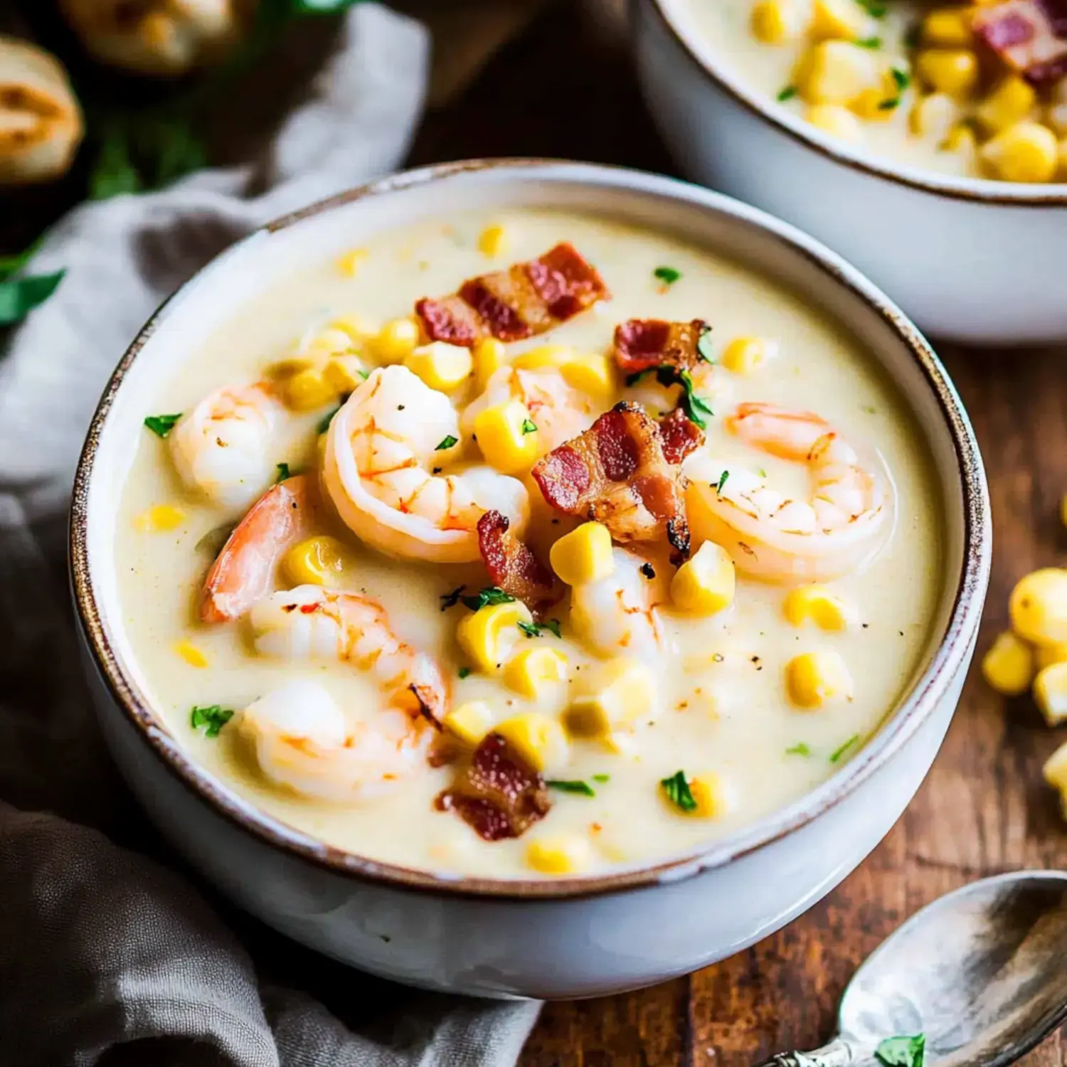 A steaming bowl of shrimp corn soup with bacon bits and green parsley on top, served on wooden tabletop.