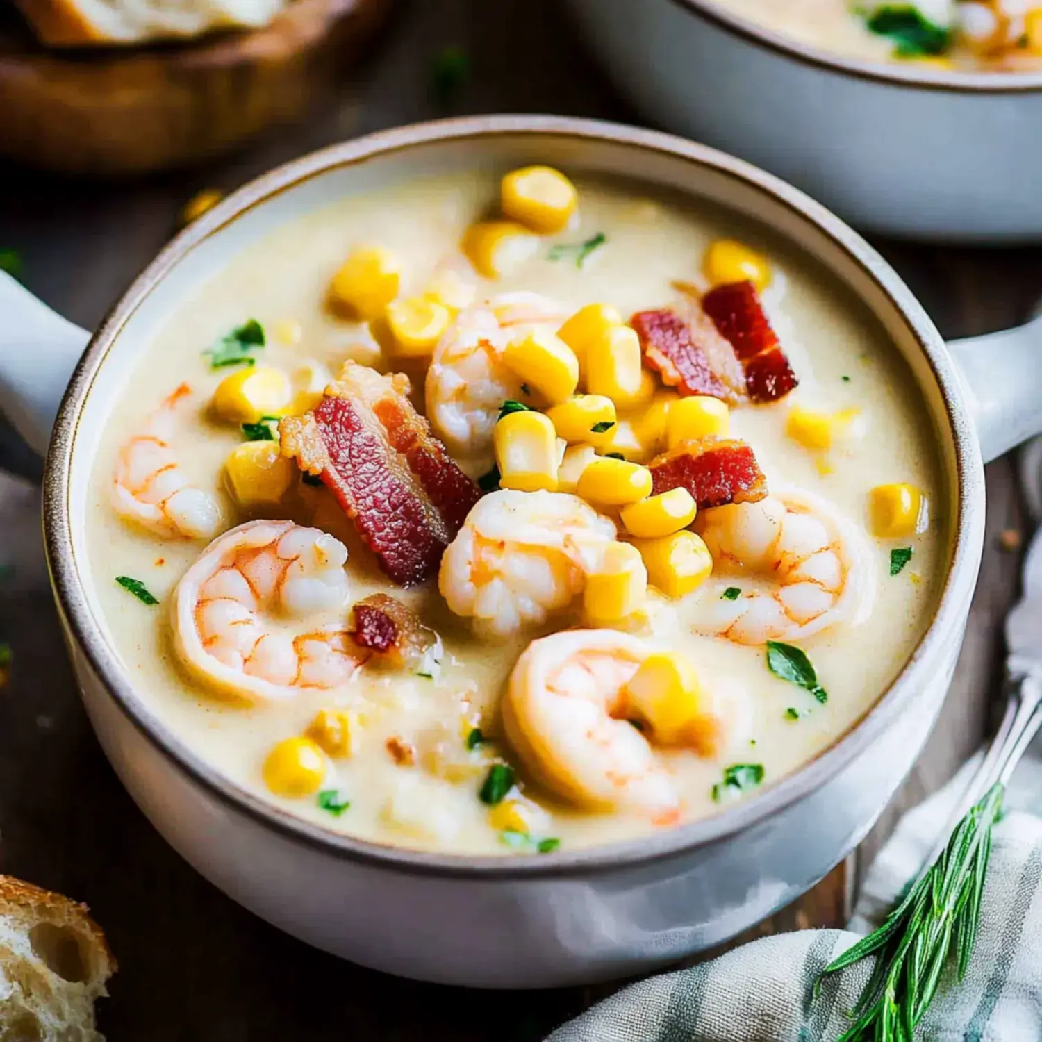 A hearty bowl of shrimp and corn soup garnished with crispy bacon pieces and green herbs.
