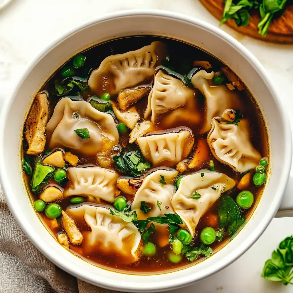 A steaming bowl containing dumplings, sliced mushrooms, bright green peas, and fresh herbs in clear broth.