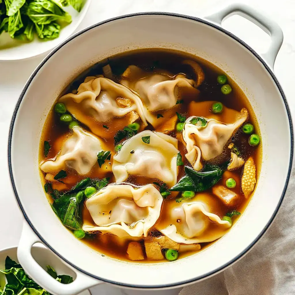 A steaming soup bowl with floating dumplings, bright green peas, and tender leafy vegetables.