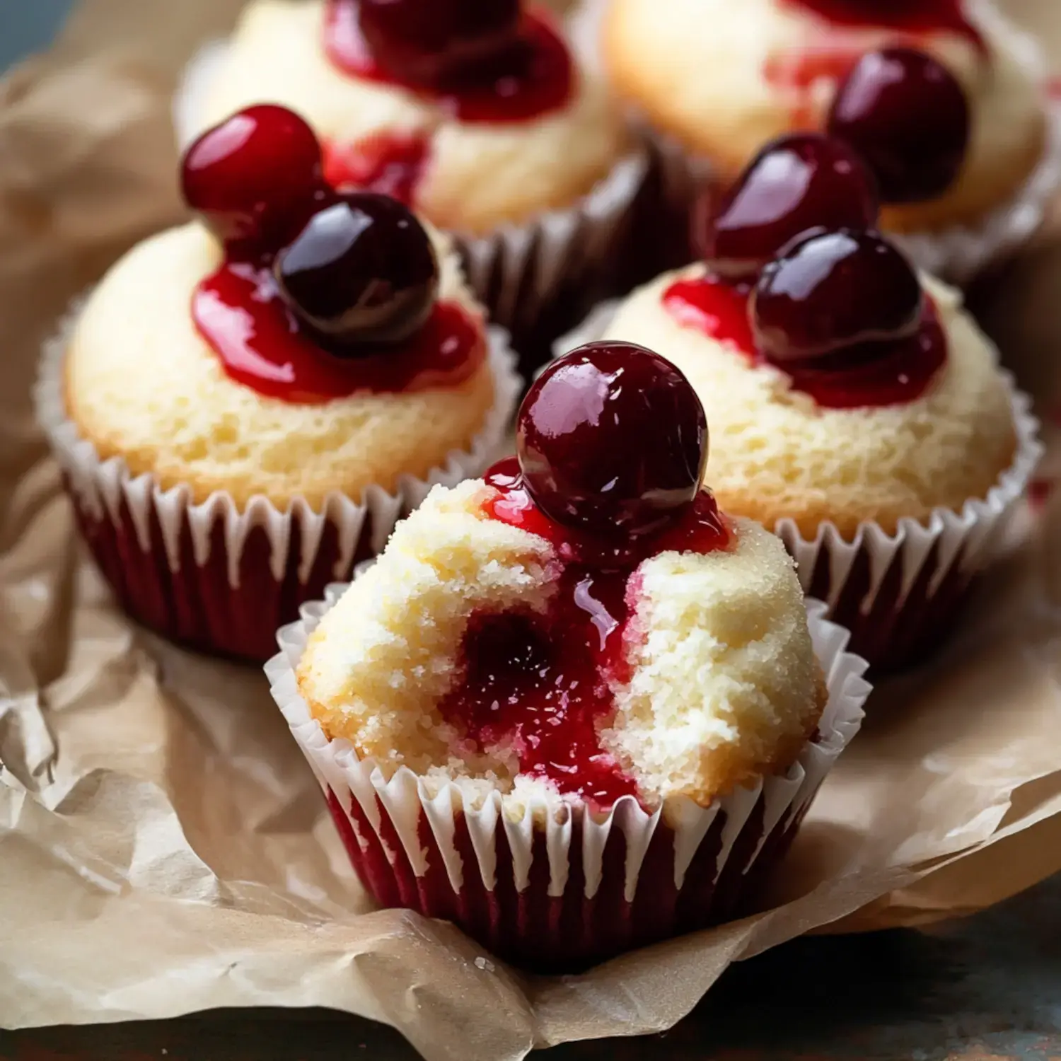 A bunch of cupcakes topped with cherries showing red jam filling inside each one.