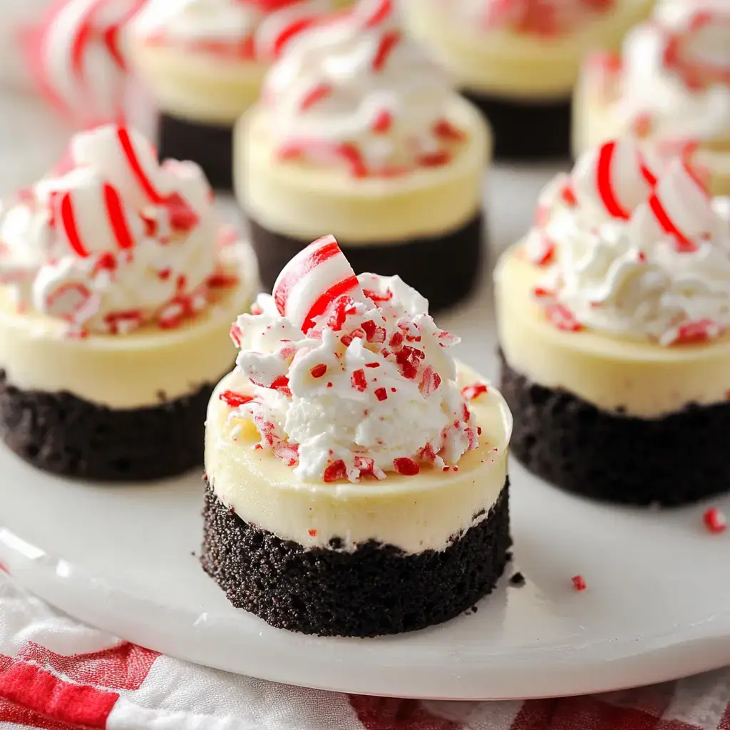 A plate showing bite-sized treats with dark chocolate bottoms layered with mint cheesecake filling, dollops of whipped topping and crushed peppermint pieces.