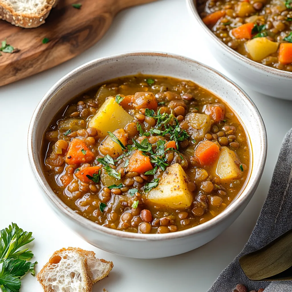 Warm bowl of lentil soup with chunks of potato and colorful veggies in a flavorful broth, perfect for comfort meals
