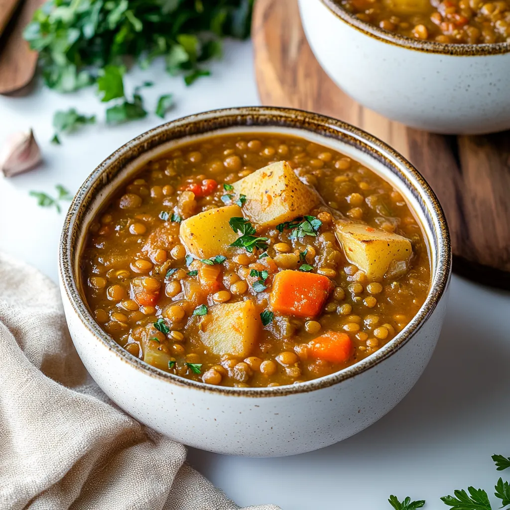 Warm bowl of lentil soup with chunks of potato and colorful veggies in a flavorful broth, perfect for comfort meals