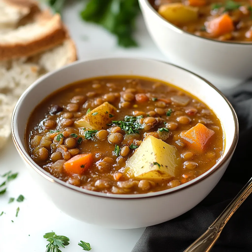 Warm bowl of lentil soup with chunks of potato and colorful veggies in a flavorful broth, perfect for comfort meals