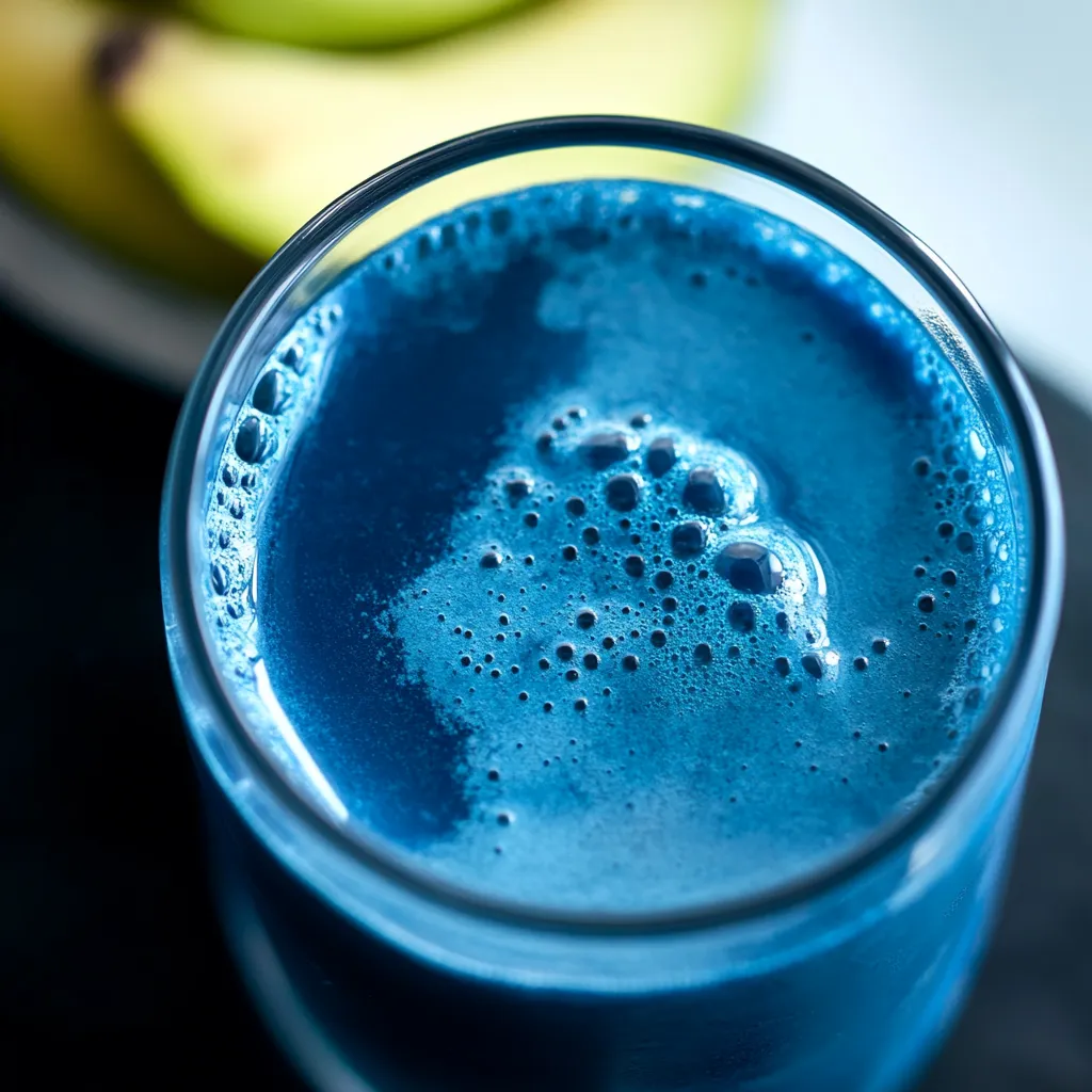 Bright blue spirulina drink packed with fresh veggies and fruits.