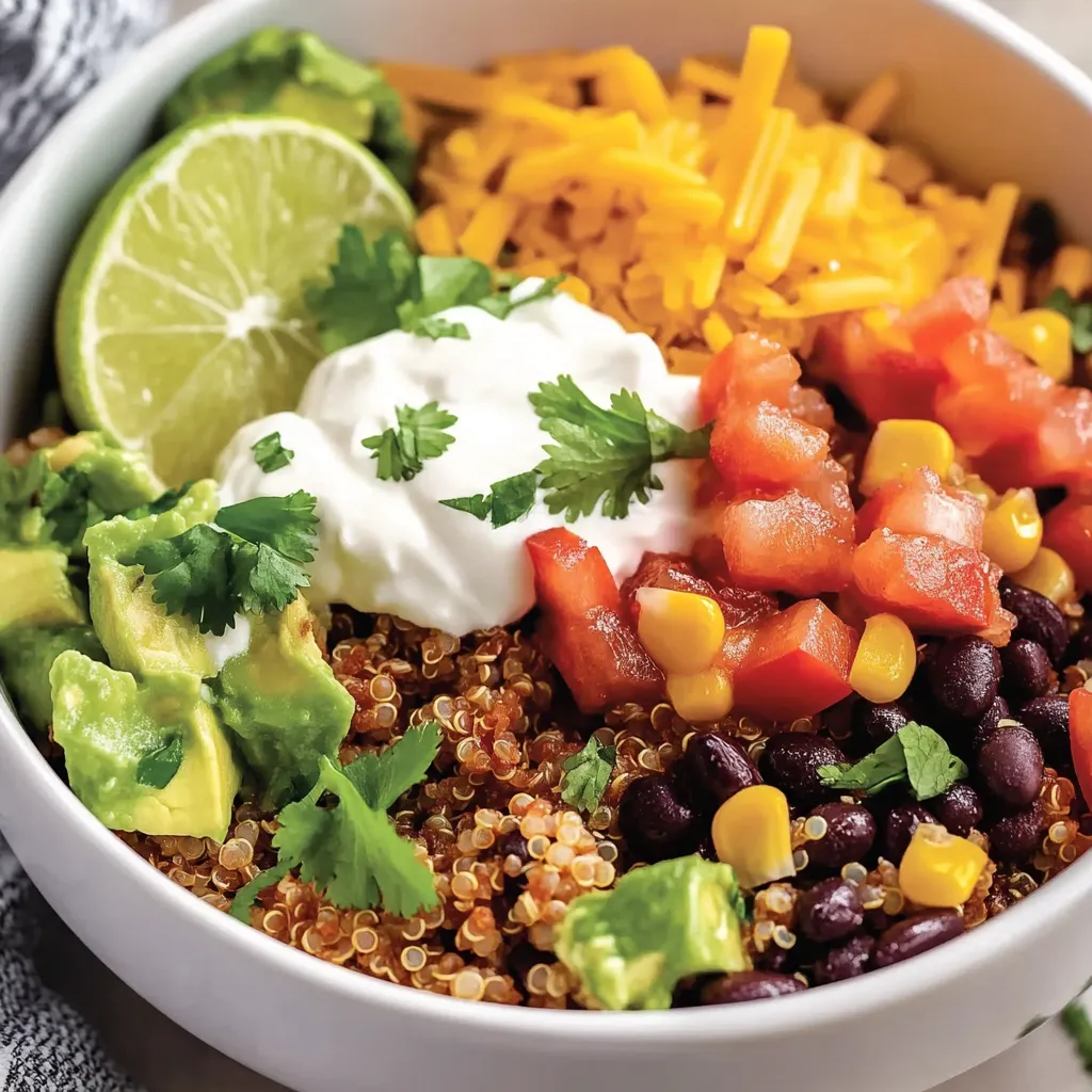Flavorful quinoa bowl with colorful toppings, a fresh way to enjoy taco flavors.