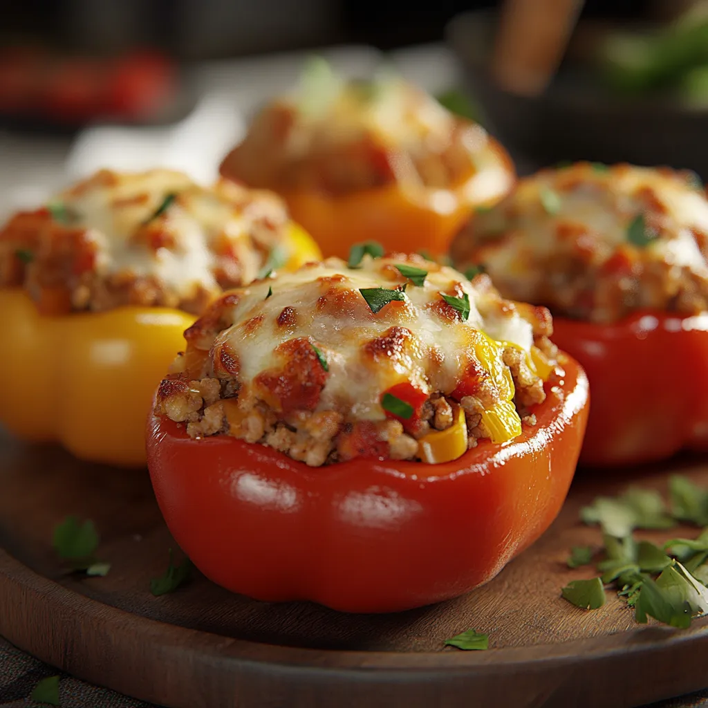 Stuffed bell peppers, a heartwarming meal with tasty filling and melted cheese on top.