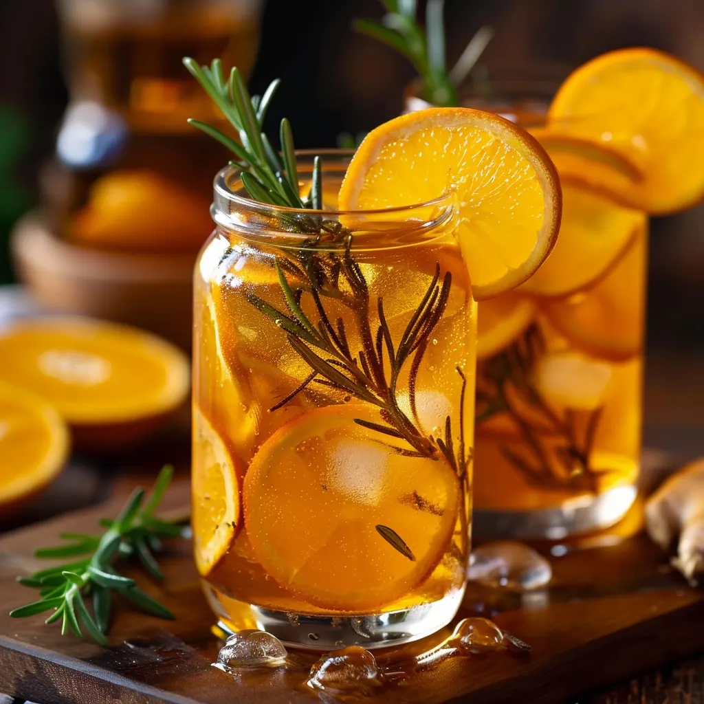 Refreshing citrus tea with herbal notes, poured over ice in a clear glass.