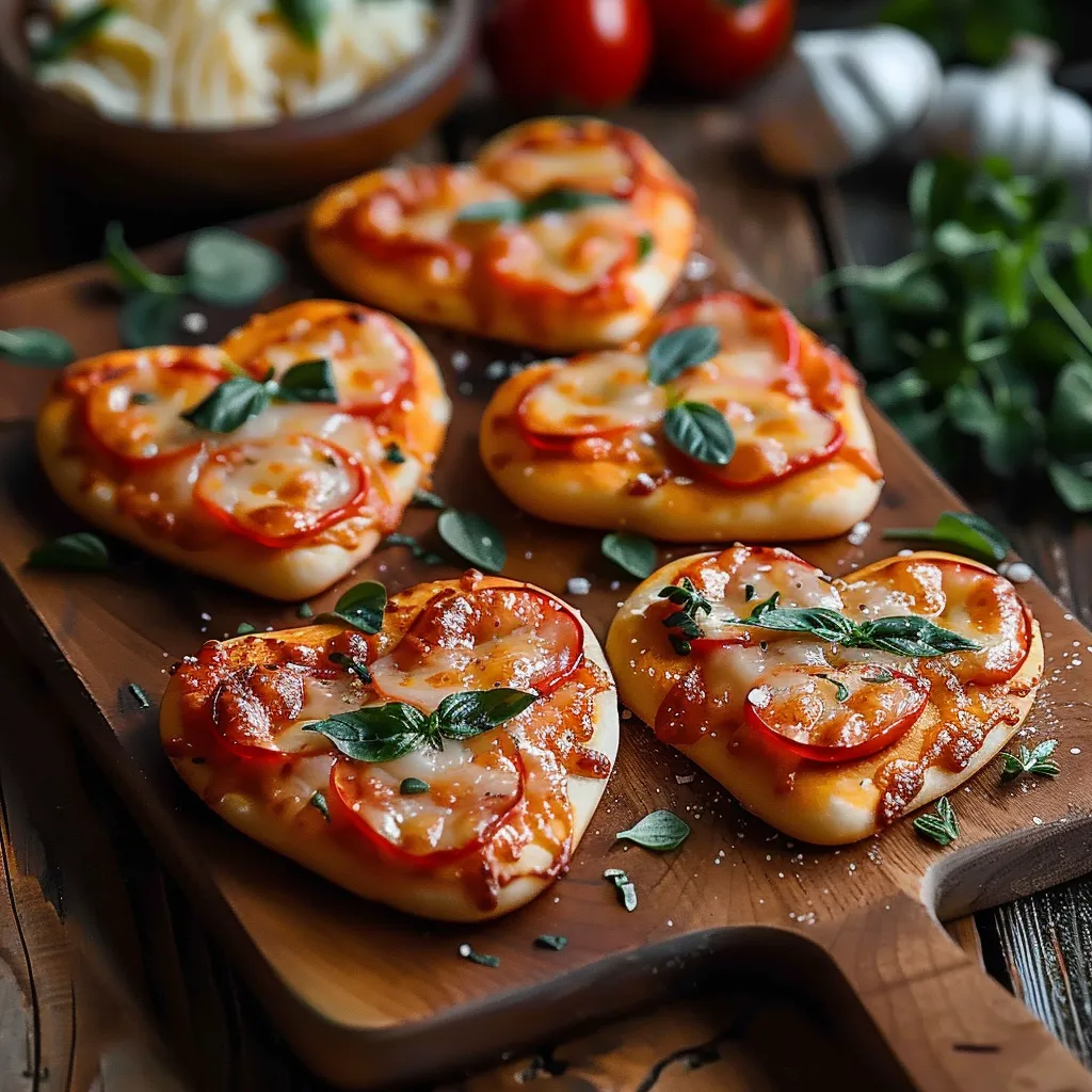 Small heart-shaped pizzas with melty cheese and sauce, ideal for Valentine's celebrations.