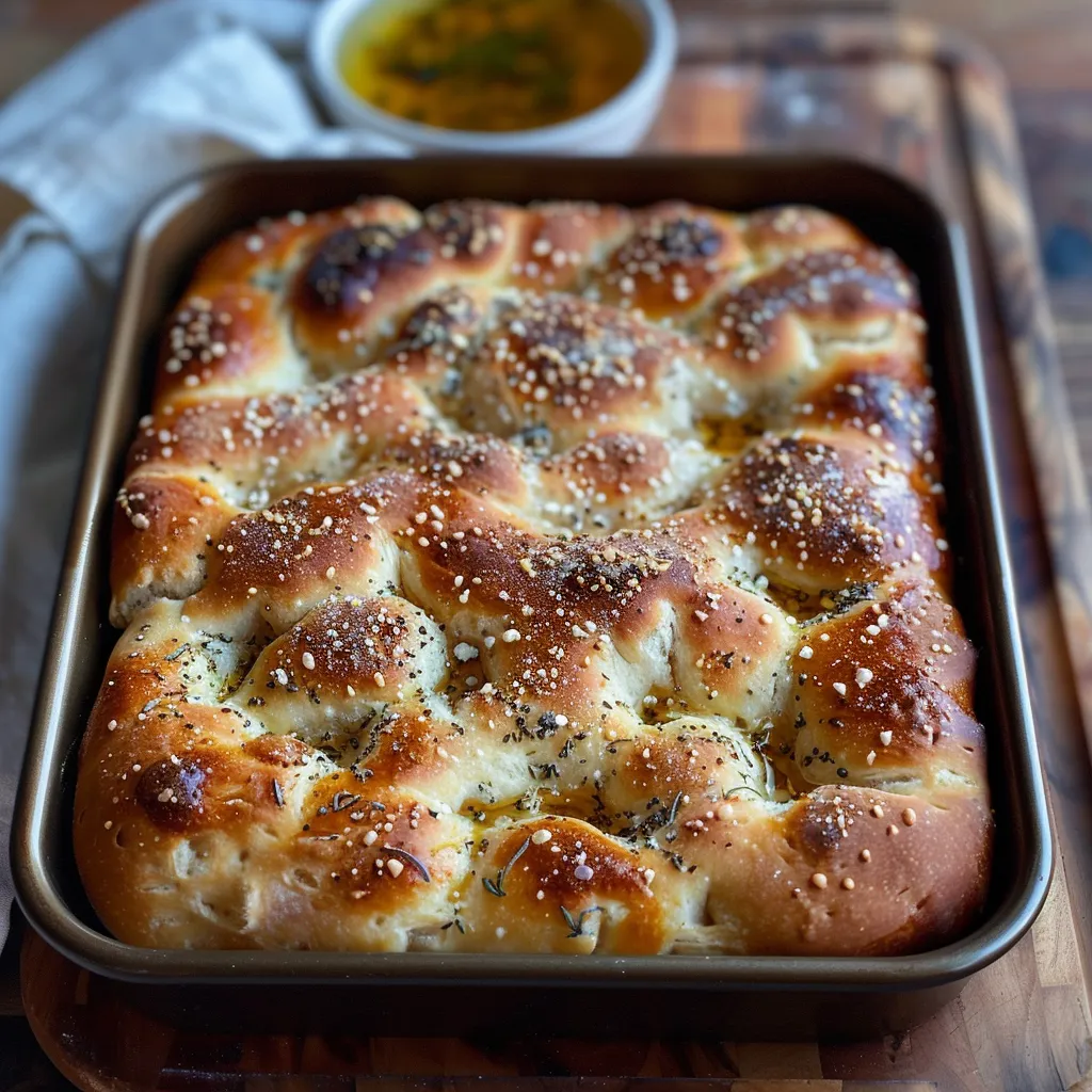 Tasty sourdough discard focaccia showing off its gold crust and fluffy middle.