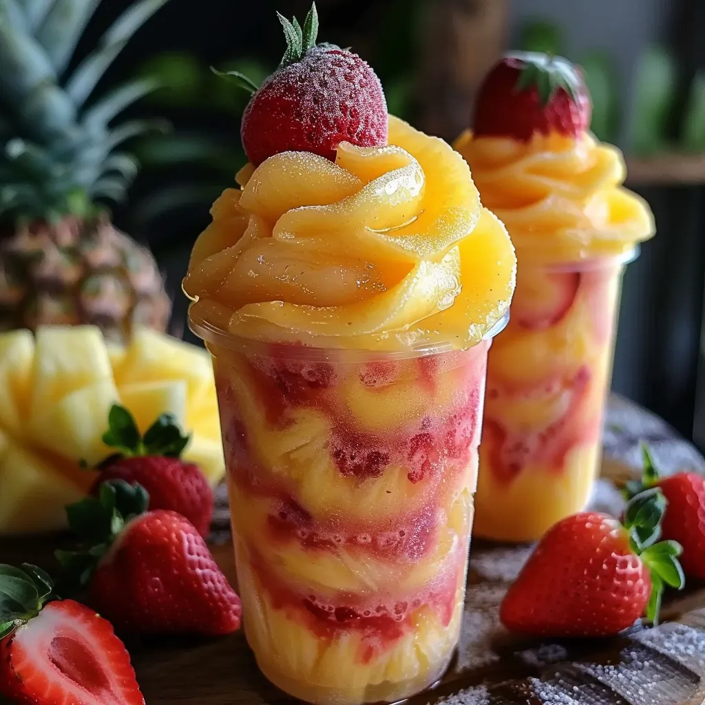 Cool pineapple strawberry swirl slushies, the ultimate summer day refresher.