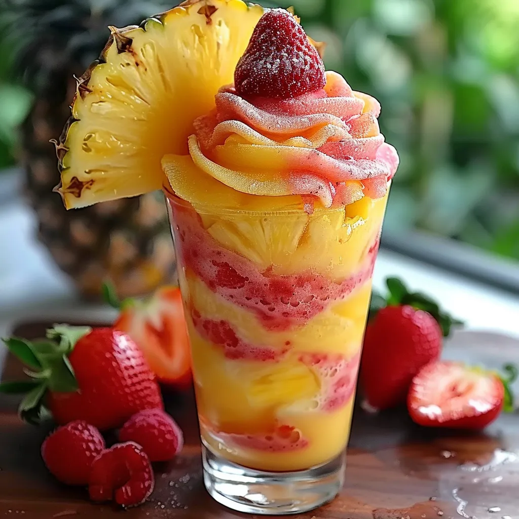Bright swirled slushies combining pineapple and strawberry, a vibrant frozen delight.