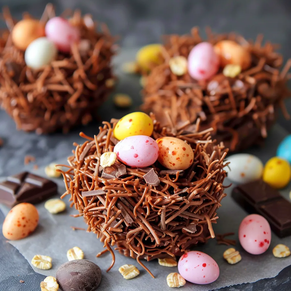 Sweet nests made of chocolate and cereal, decorated with colorful eggs and candy.