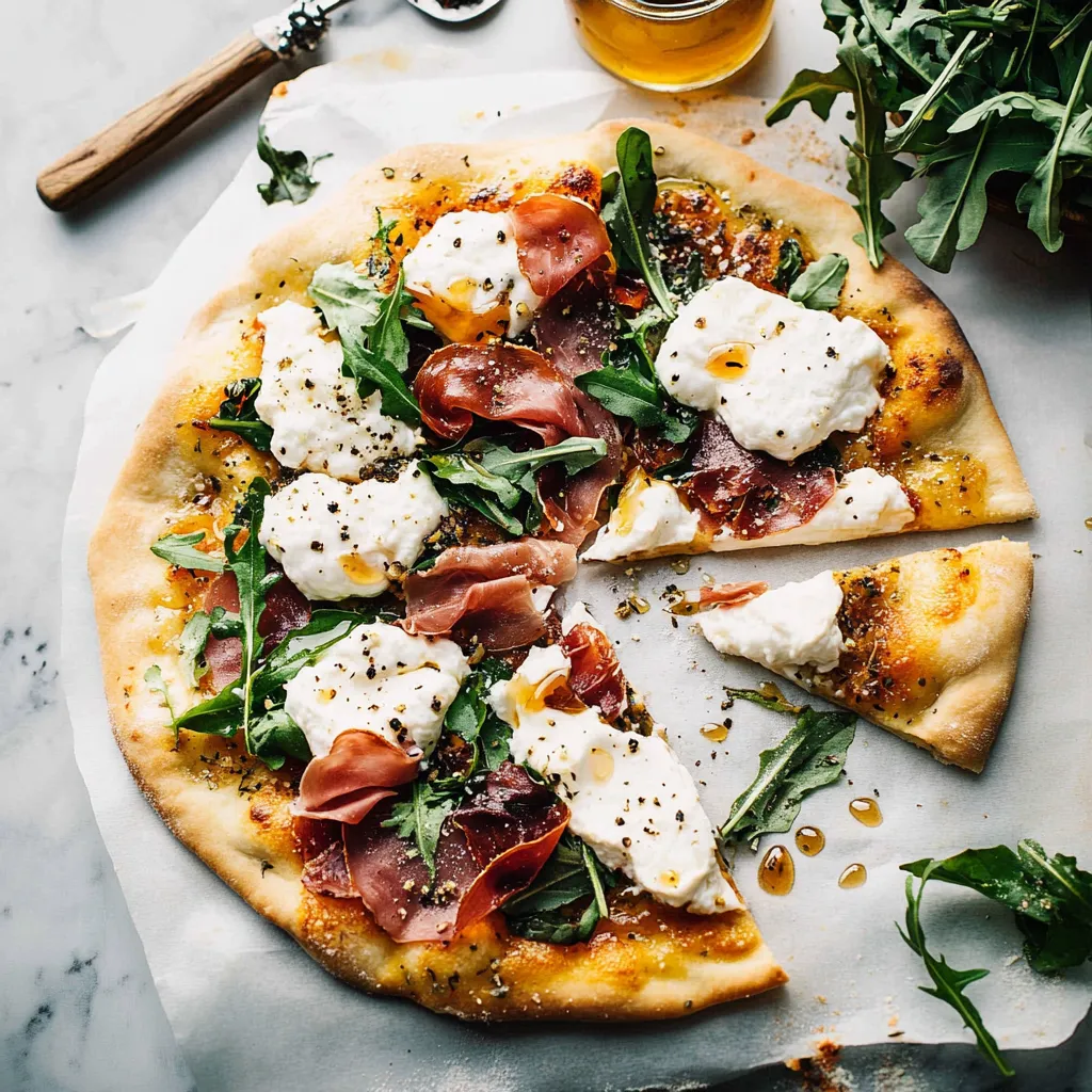 Pizza topped with prosciutto and burrata on paper.