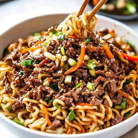 Bowl of noodles with beef, green onions, sesame seeds, and carrots. Chopsticks grabbing a serving.