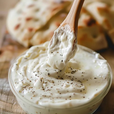 A rustic table with creamy sauce in a bowl and a spoon.