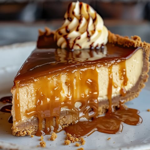 A caramel-drizzled cheesecake slice resting on a plate.
